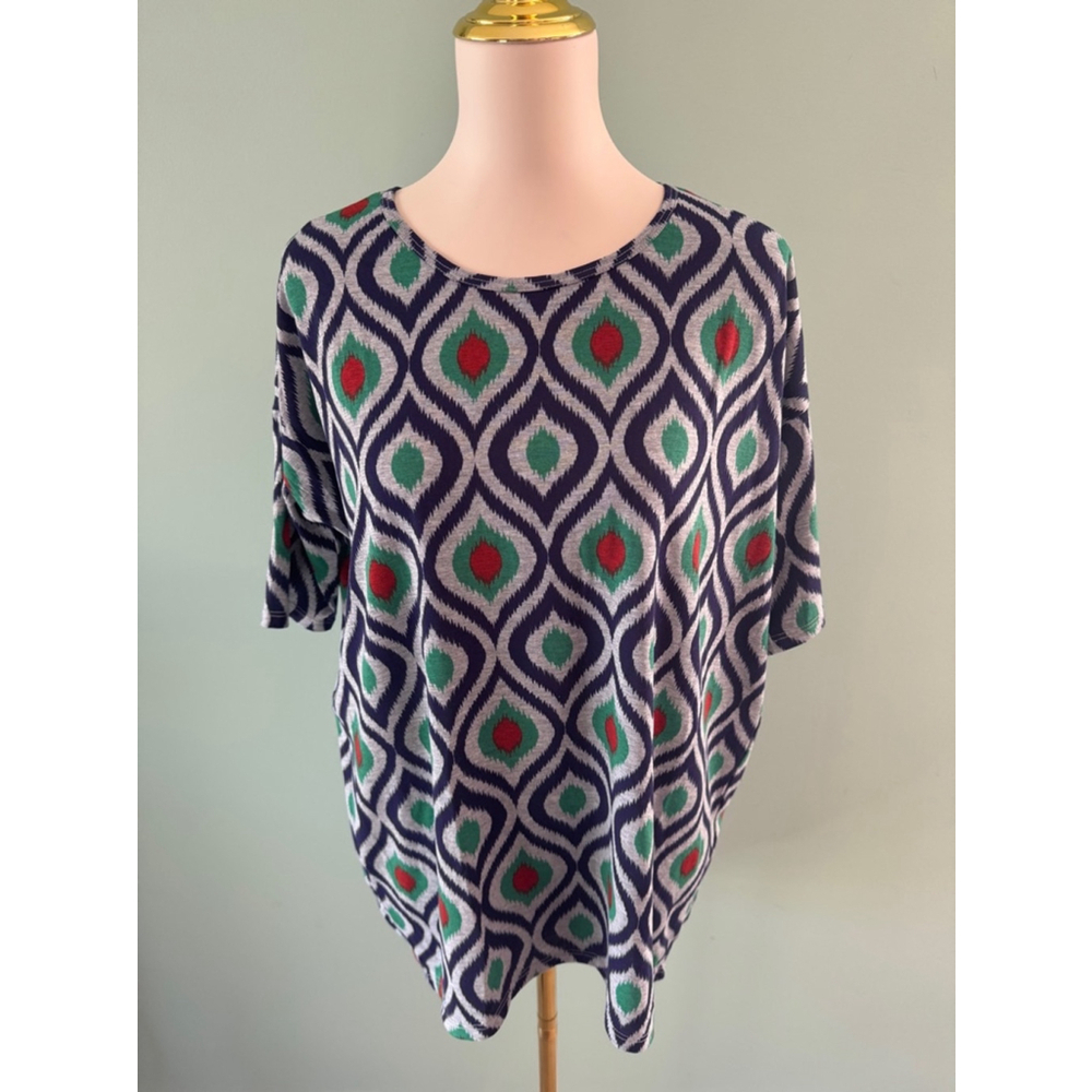 LuLaRoe Irma Top XS Blue Gray Red Green Patterned